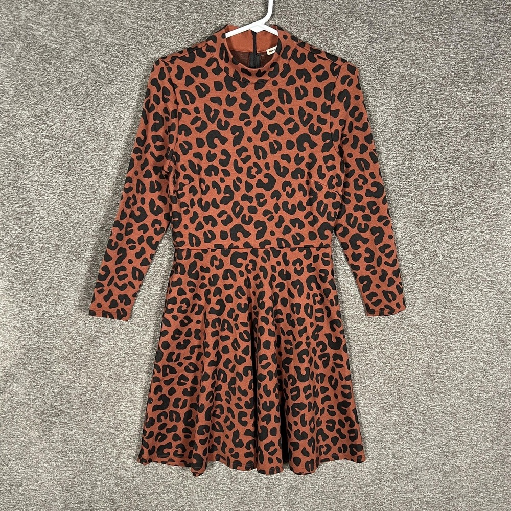 Marine Layer Dress Womens Medium Brown Leopard Mock Neck Long Sleeve Fit & Flare